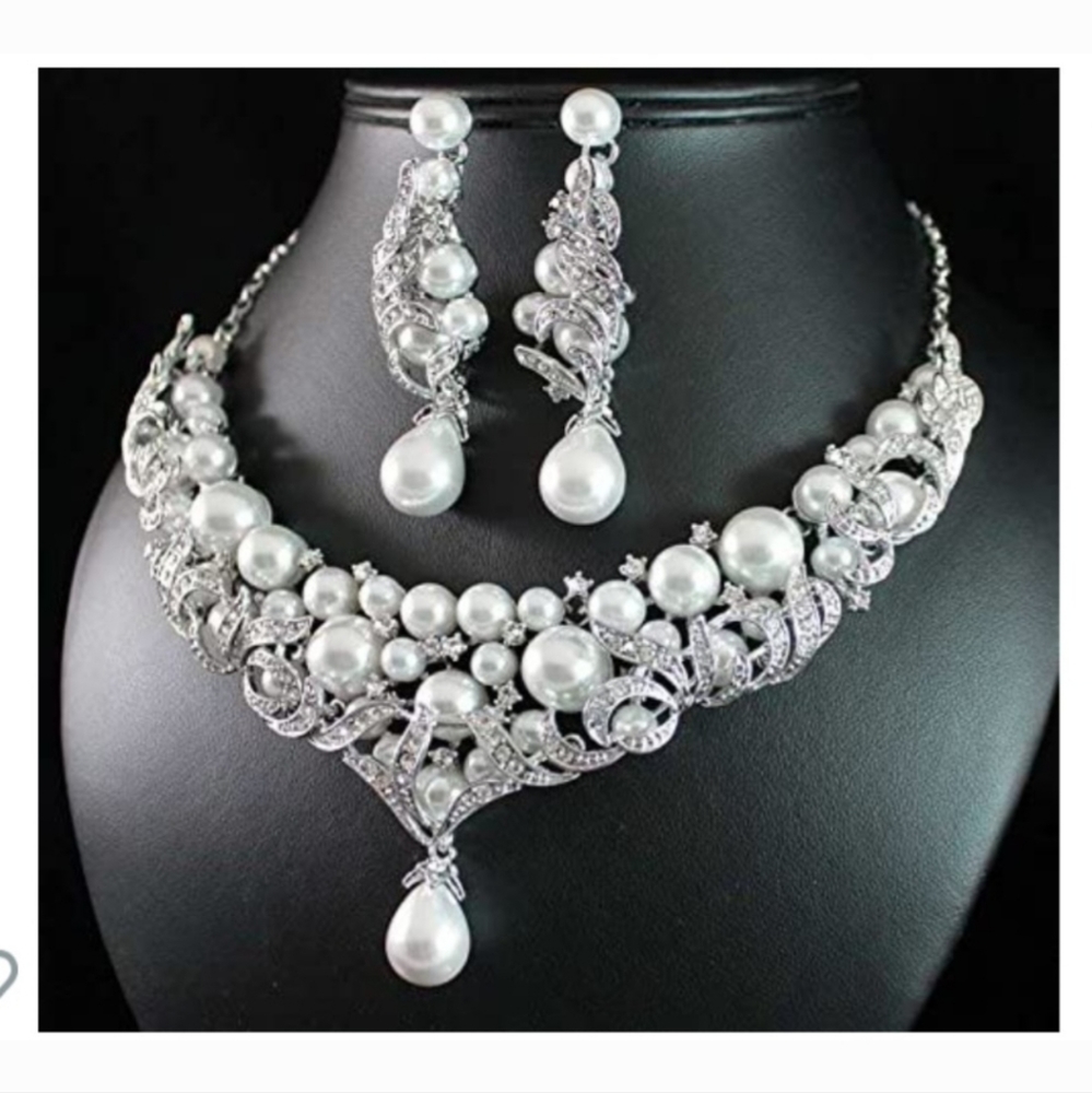 Costume diamond pearl bib necklace and earrings